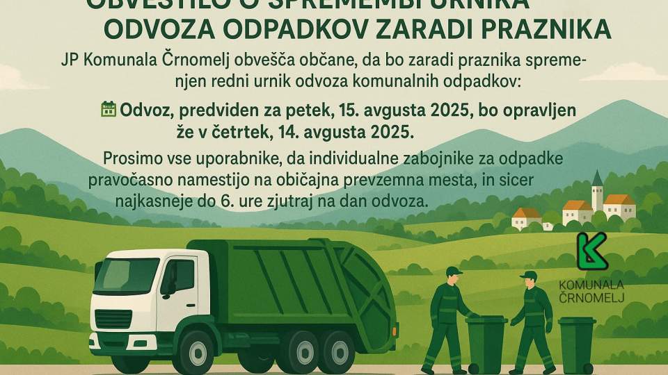 Obvestilo o spremembi urnika odvoza odpadkov zaradi praznika